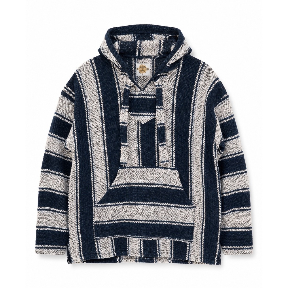 Vintage Style Earth Ragz Baja Hoodie Navy & White Striped Mexican Pullover Small